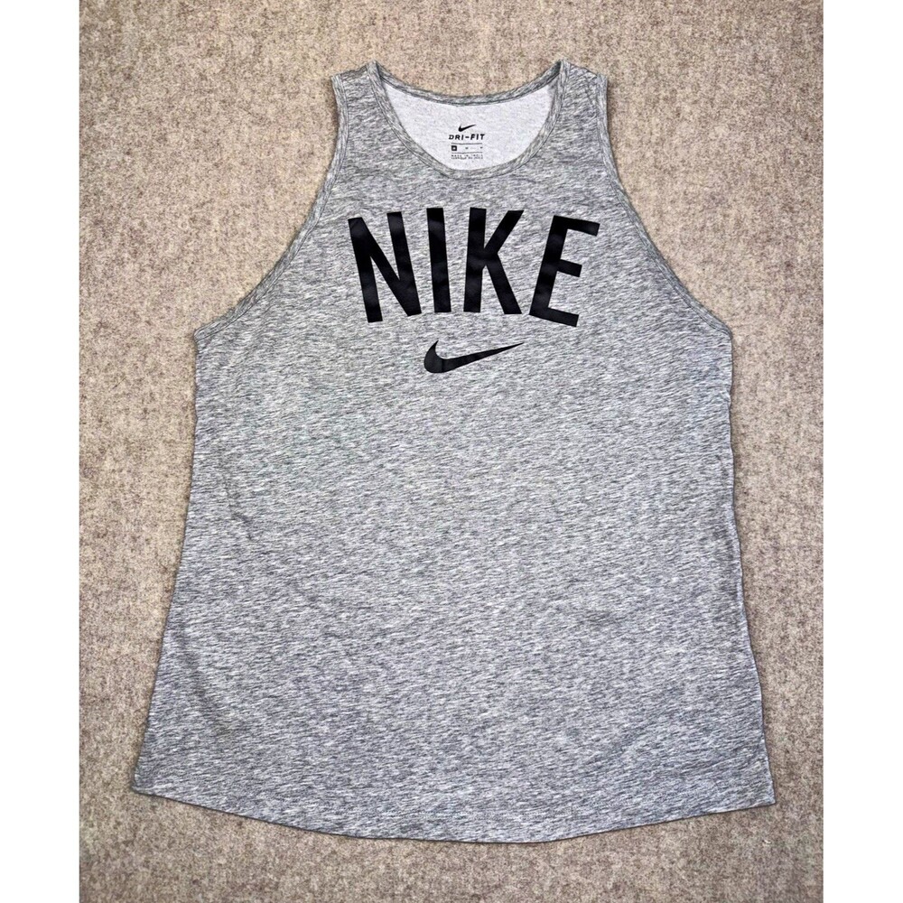 Nike Dri-FIT Women Tank Top Size M Gray Sleeveless Breathable Athletic Fit Logo